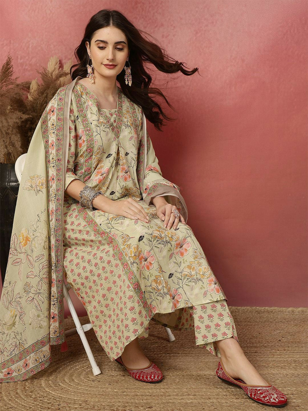 Beige Floral Print A-Line Cotton Kurta with Trousers & Dupatta