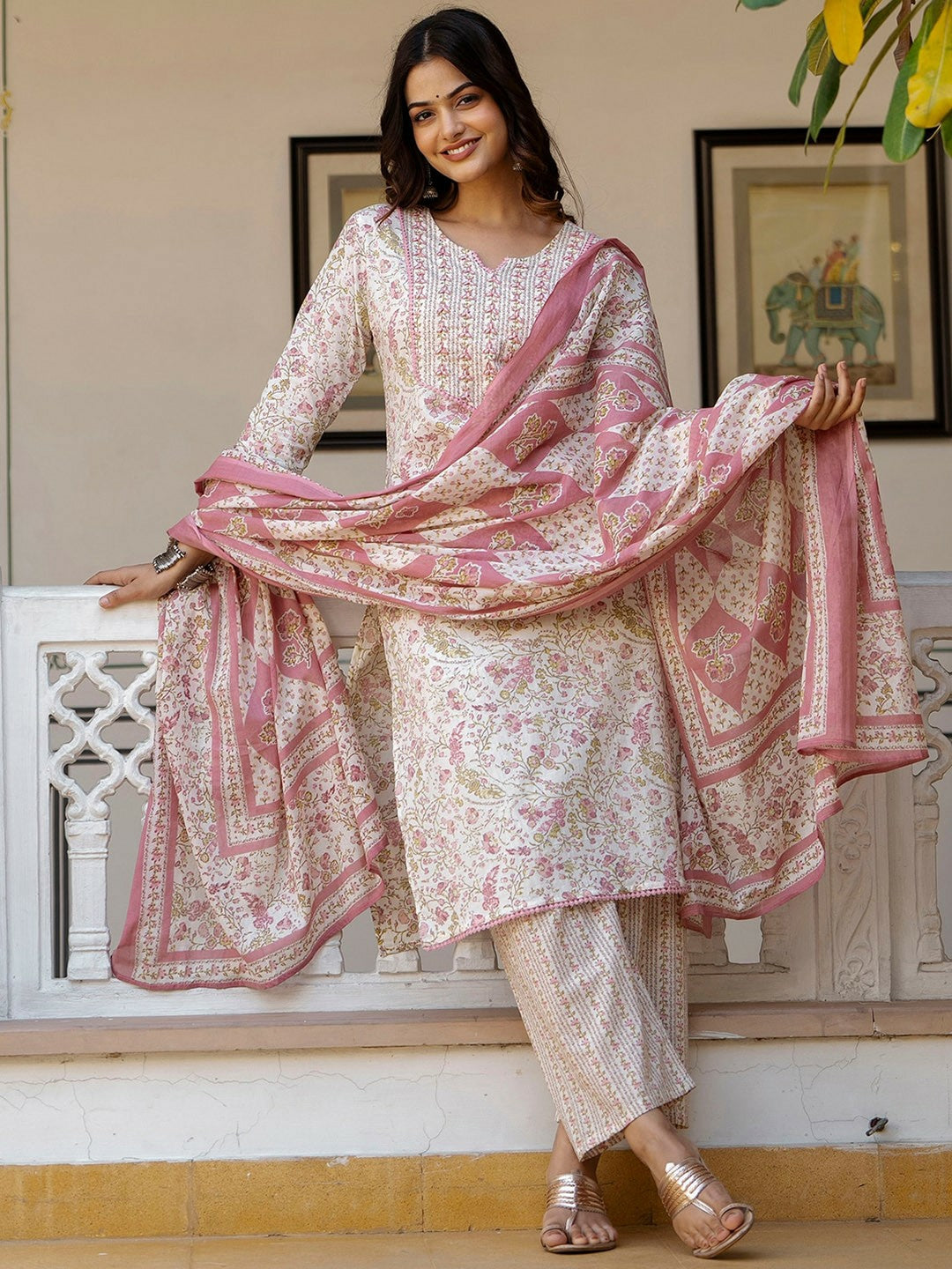 White Floral Print Cotton Kurta with Palazzos & Dupatta