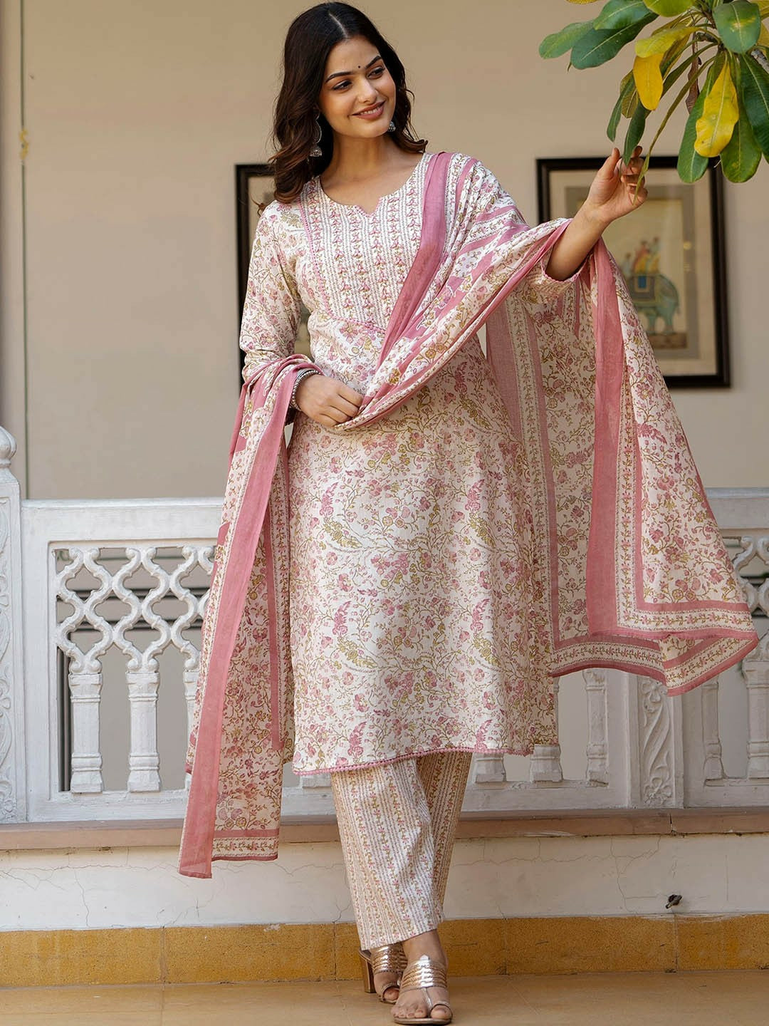 White Floral Print Cotton Kurta with Palazzos & Dupatta