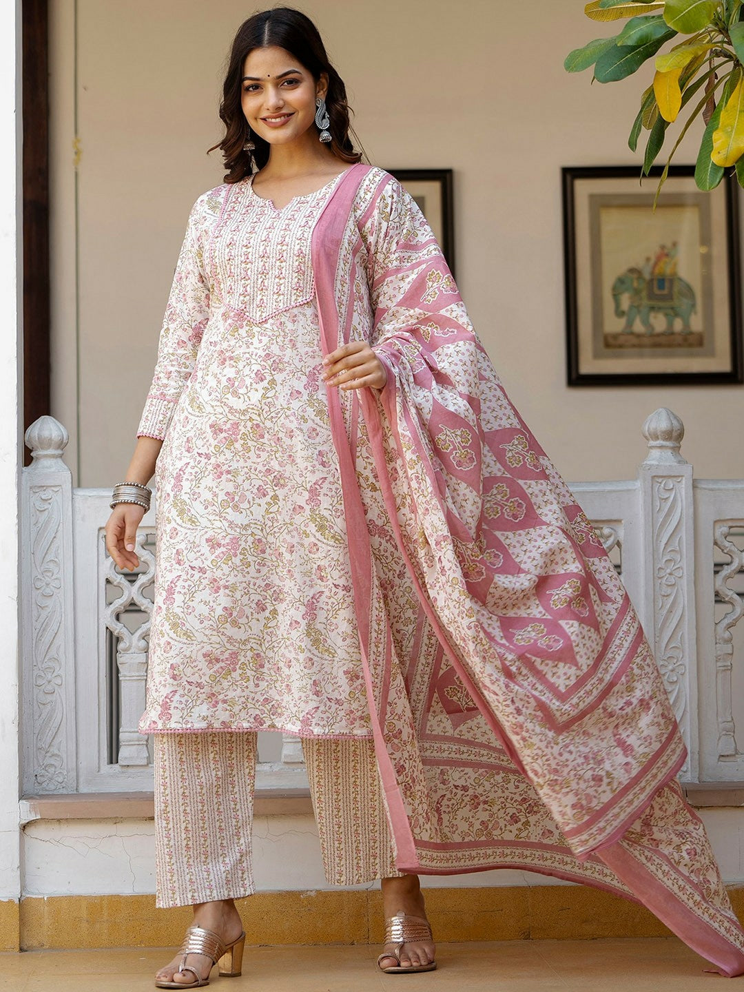 White Floral Print Cotton Kurta with Palazzos & Dupatta