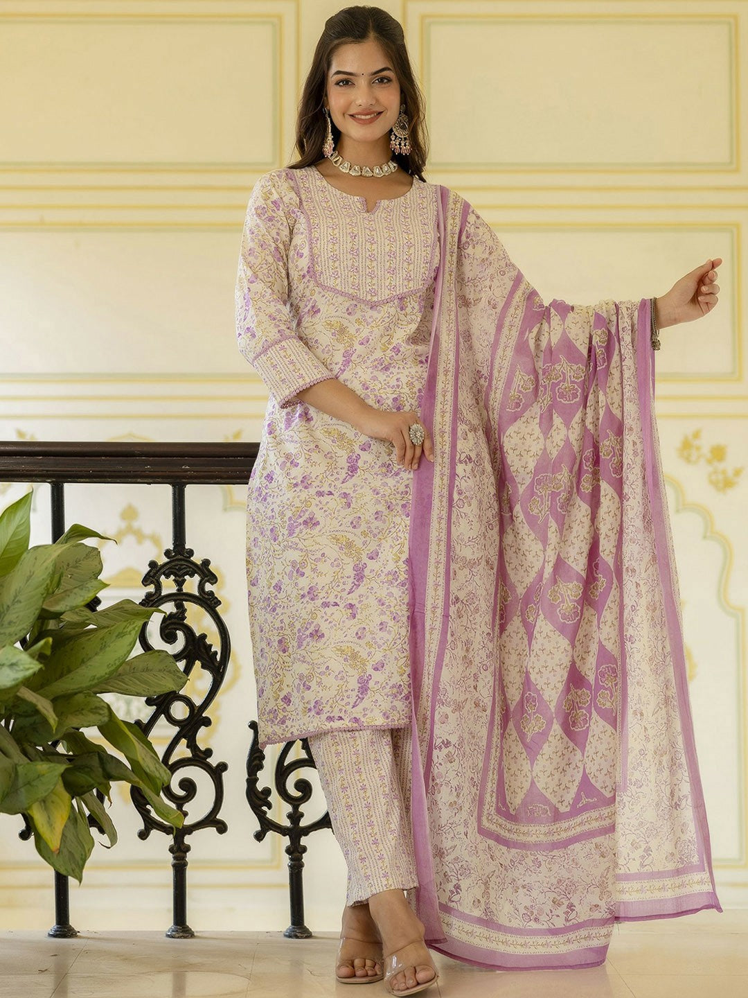 Purple Floral Aari Work Straight Kurta with Palazzo & Dupatta