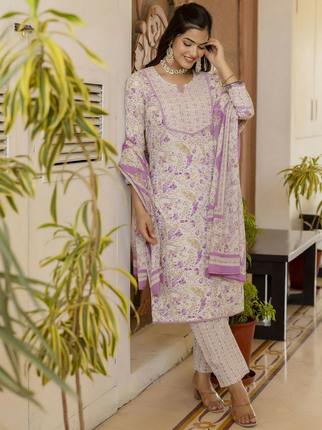 Purple Floral Aari Work Straight Kurta with Palazzo & Dupatta