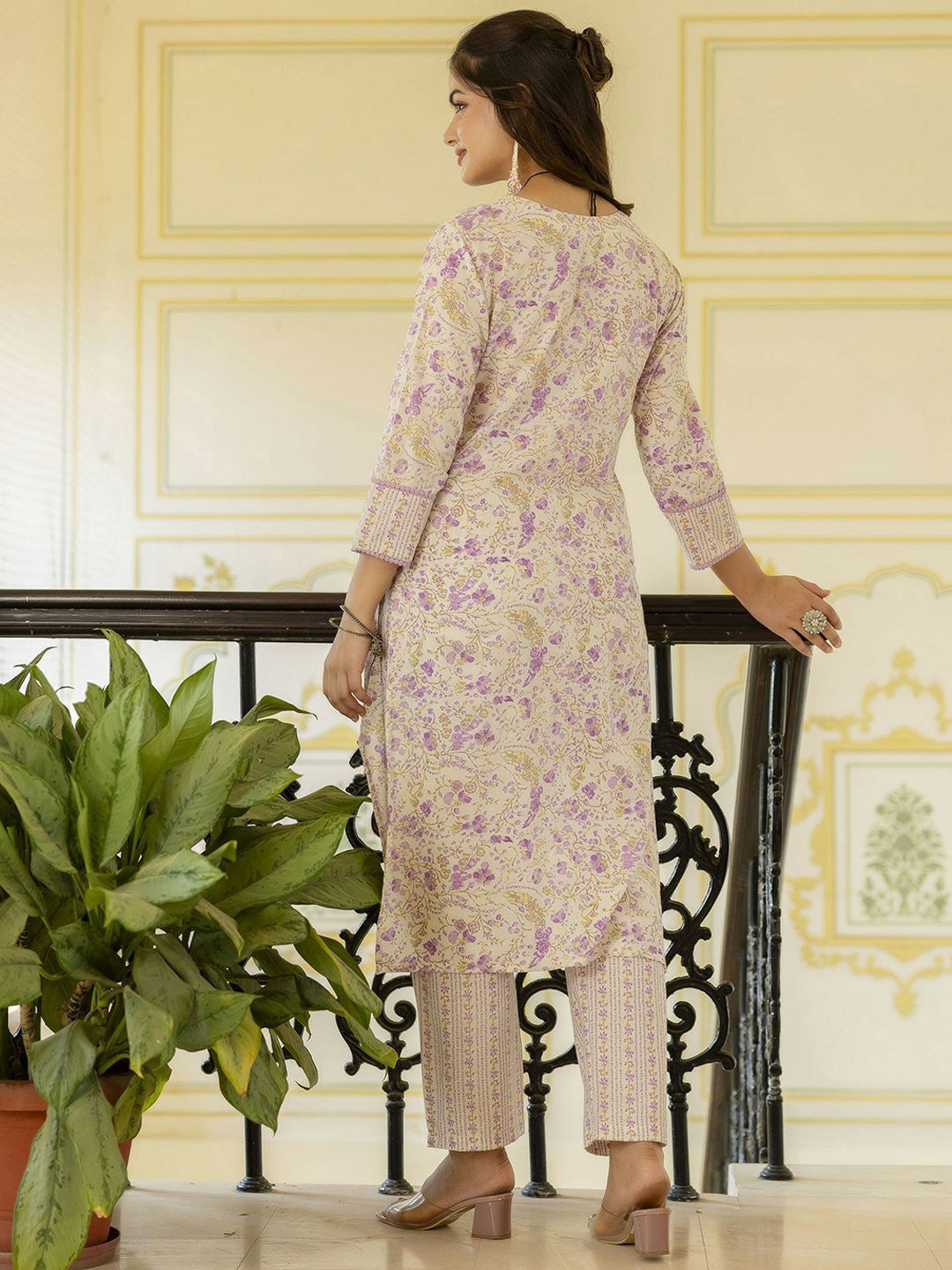 Purple Floral Aari Work Straight Kurta with Palazzo & Dupatta