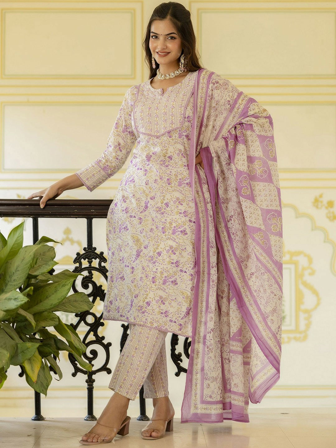 Purple Floral Aari Work Straight Kurta with Palazzo & Dupatta