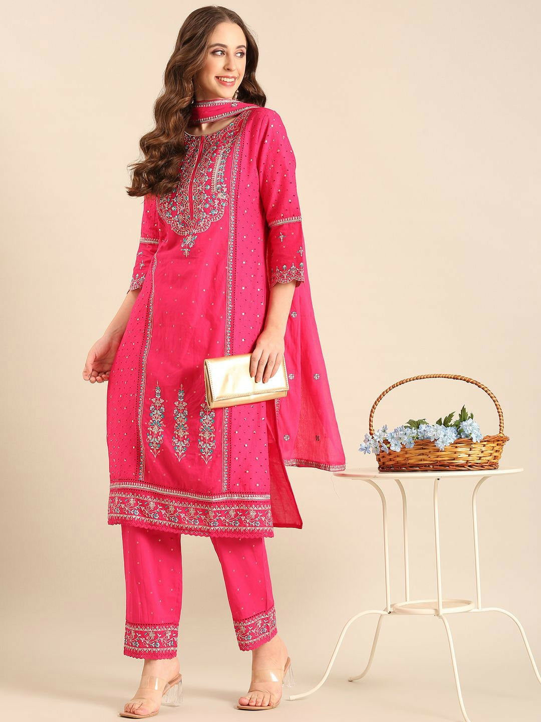 Pink Embroidered Round Neck Straight Kurta with Trouser & Dupatta