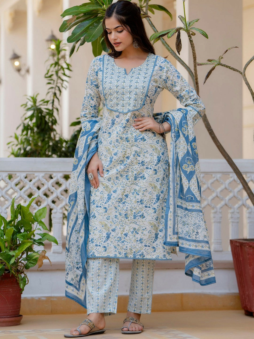Blue Floral Printed Aari Work Straight Kurta with Trousers & Dupatta
