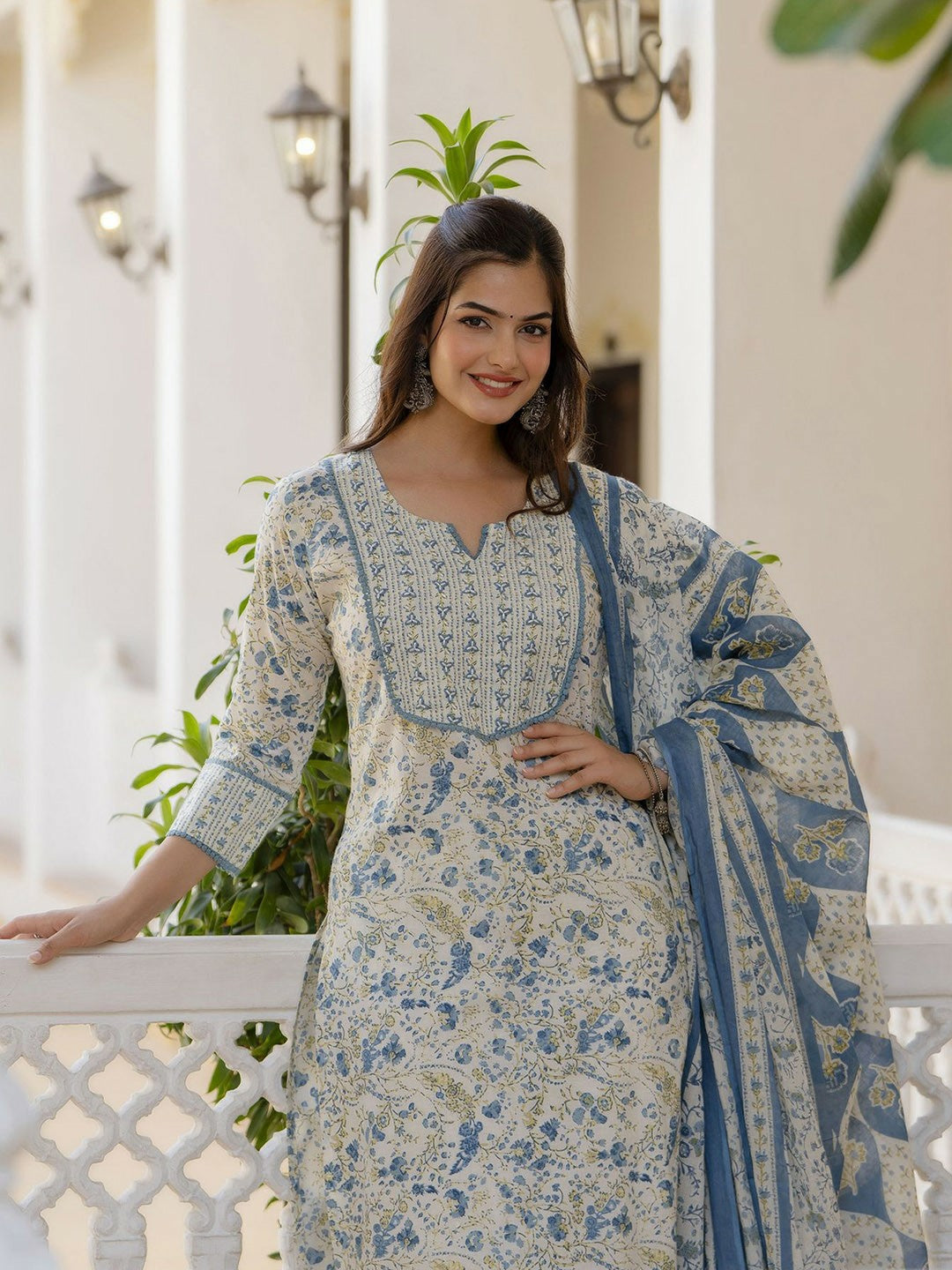 Blue Floral Printed Aari Work Straight Kurta with Trousers & Dupatta