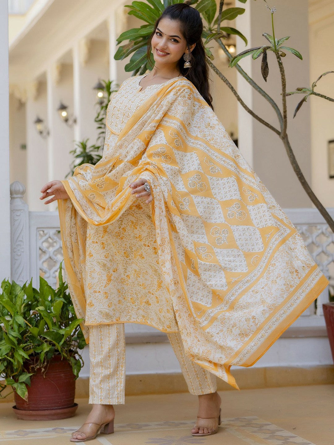 Yellow Floral Printed Aari Work Kurta with Palazzos & Dupatta