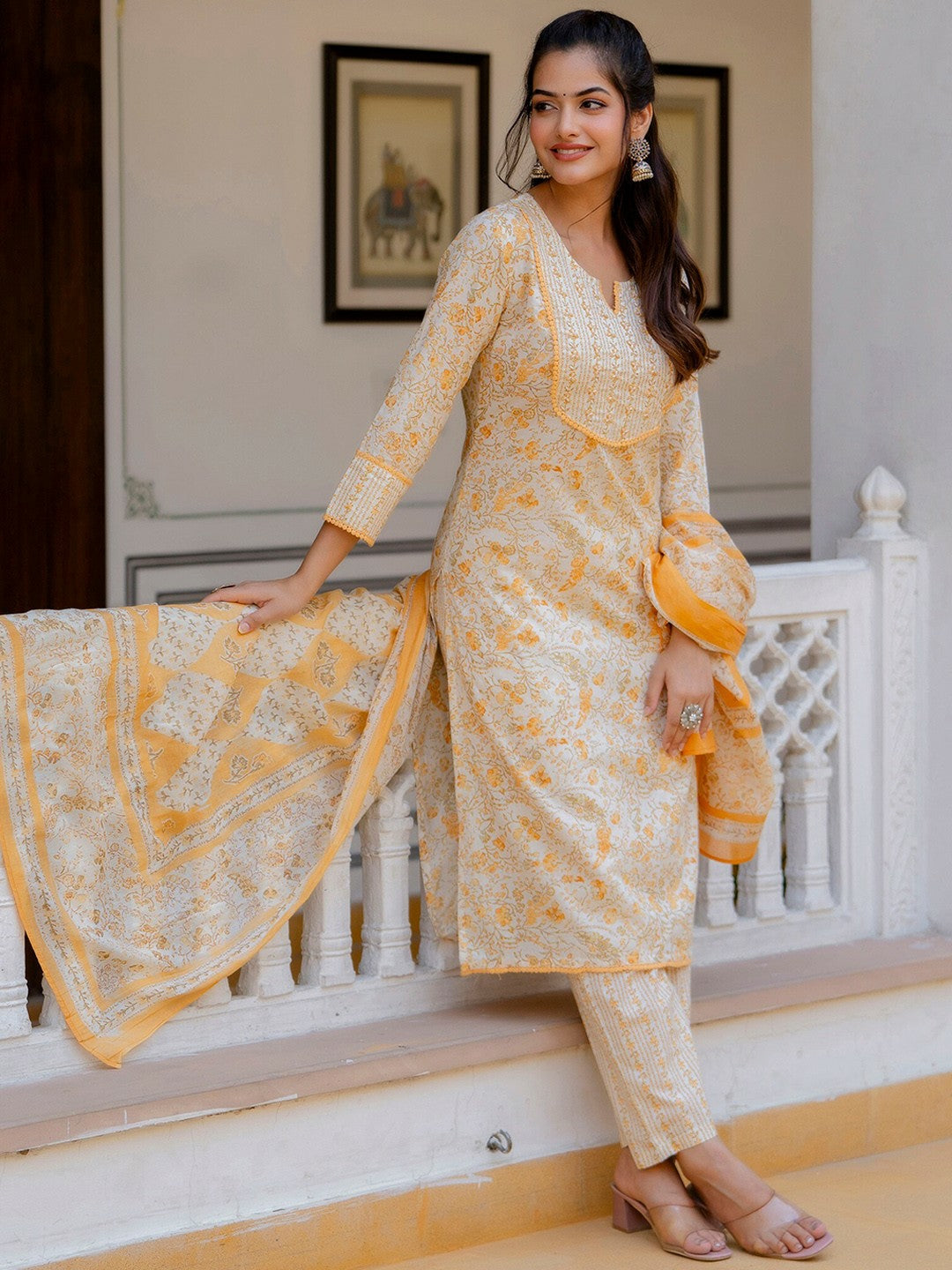 Yellow Floral Printed Aari Work Kurta with Palazzos & Dupatta