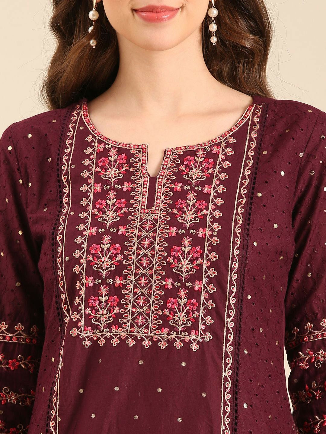 Maroon Floral Embroidered Cotton Kurta with Trousers & Dupatta