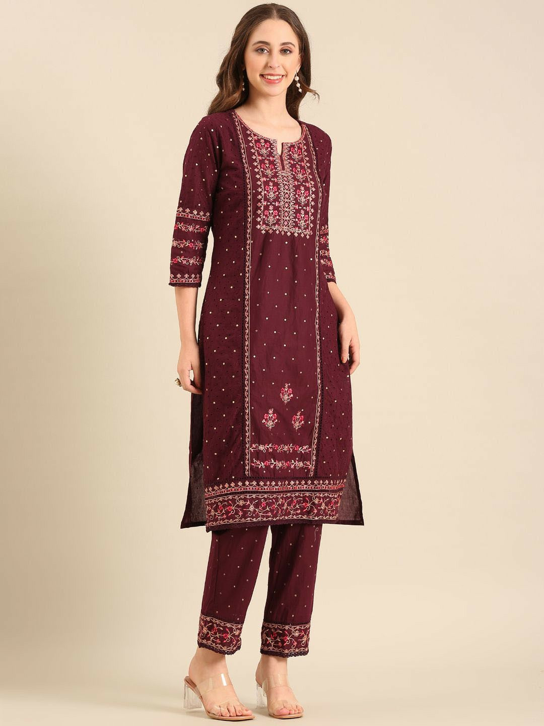 Maroon Floral Embroidered Cotton Kurta with Trousers & Dupatta