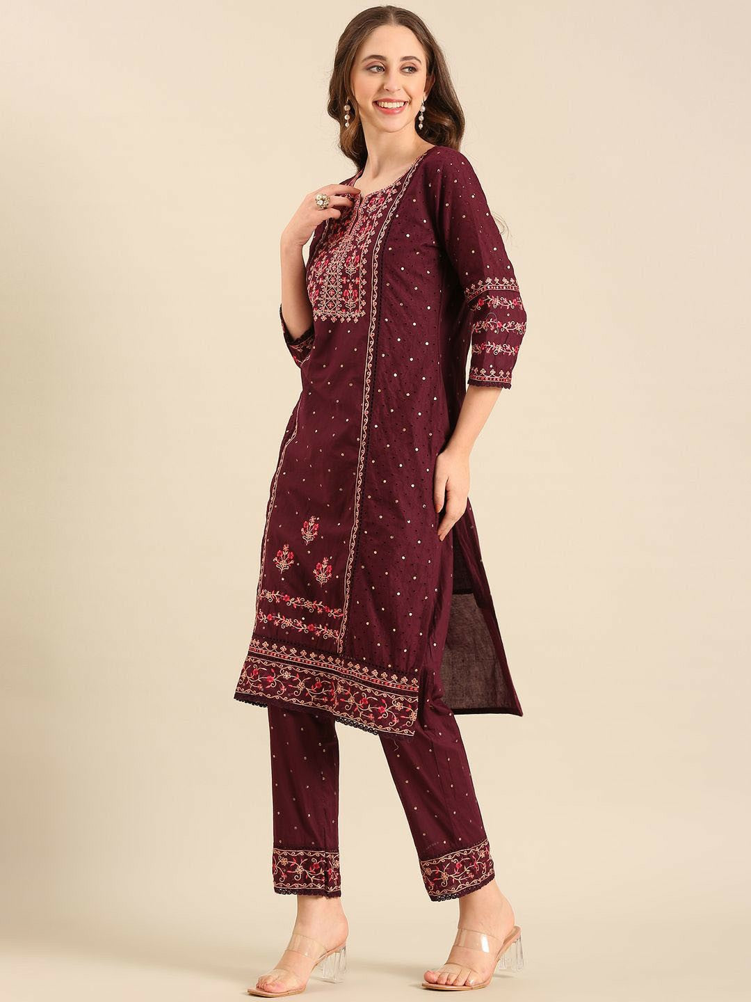 Maroon Floral Embroidered Cotton Kurta with Trousers & Dupatta