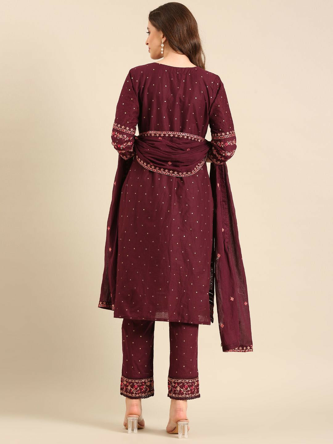 Maroon Floral Embroidered Cotton Kurta with Trousers & Dupatta