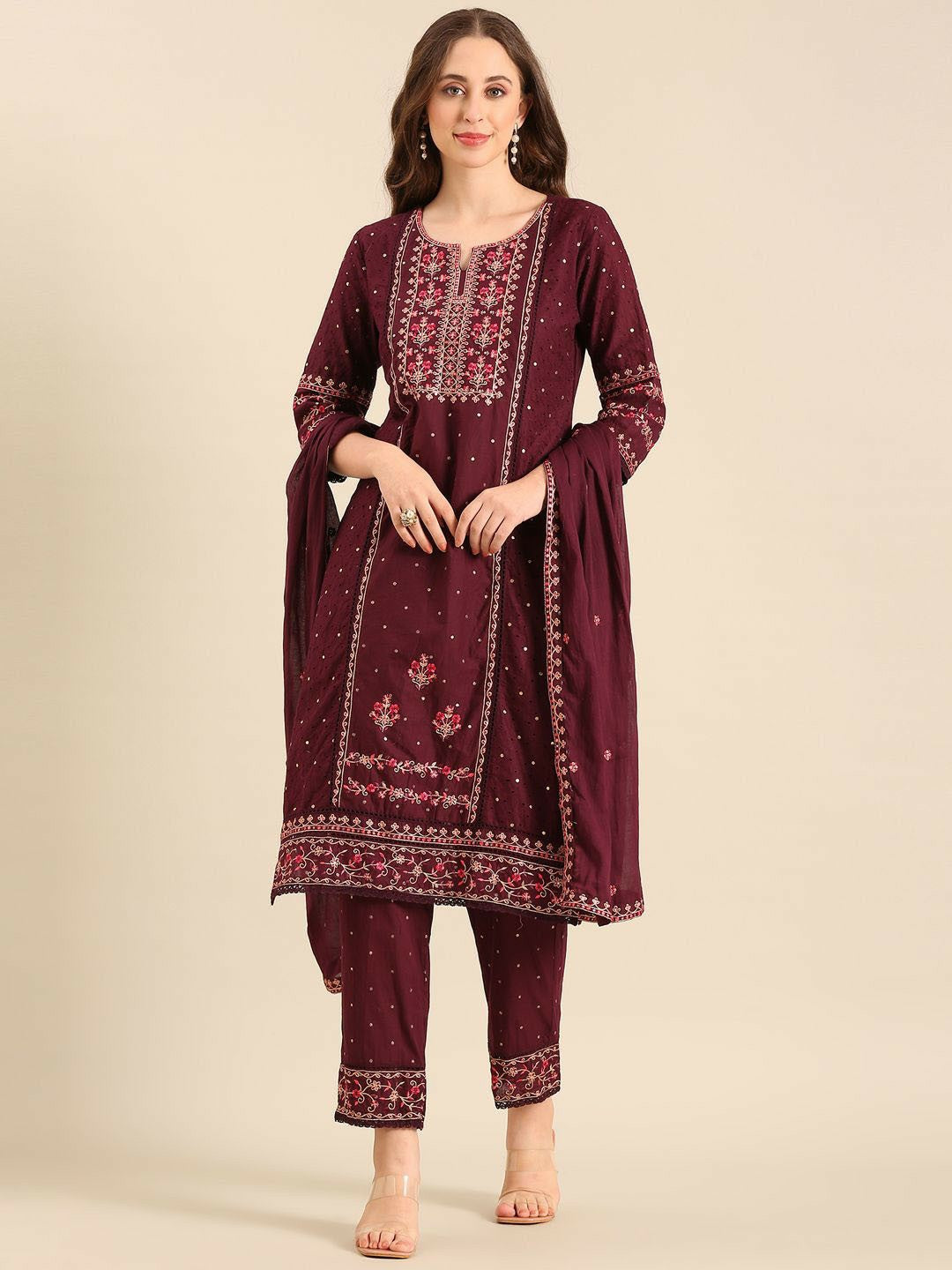 Maroon Floral Embroidered Cotton Kurta with Trousers & Dupatta