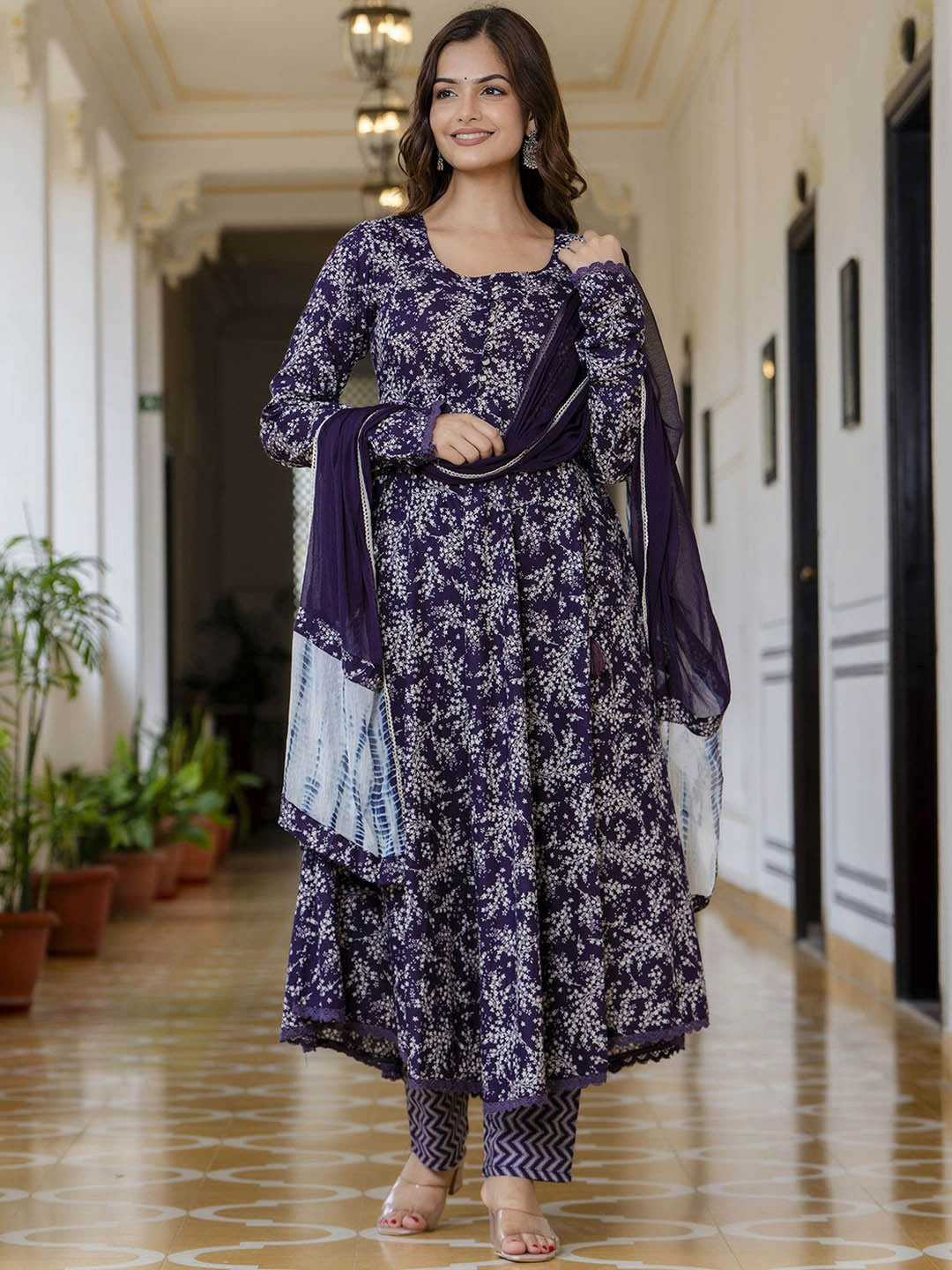 Purple Floral Printed Anarkali Kurta with Pyjama & Dupatta