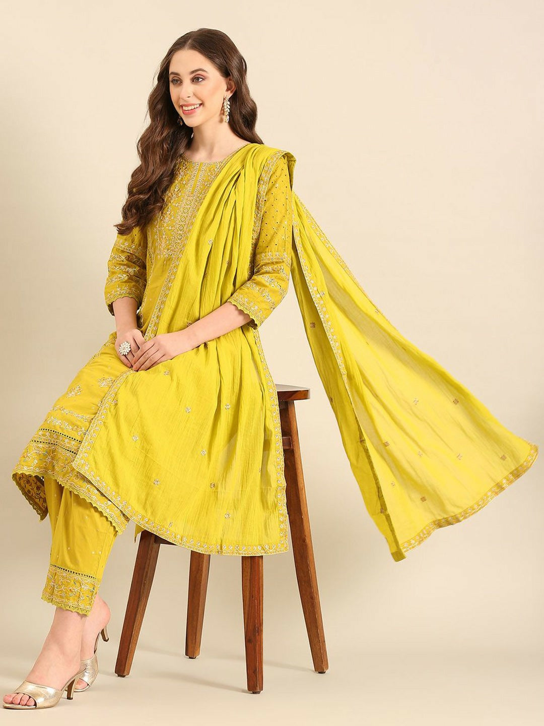 Yellow Floral Embroidered Kurta Set with Dupatta – Cotton | 3-Piece Ethnic Wear for Women
