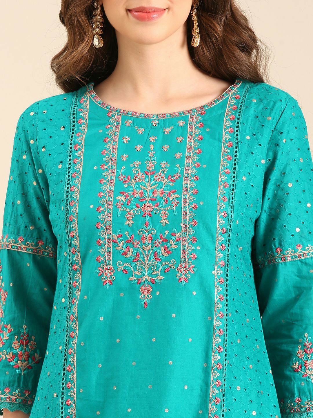 Blue Floral Embroidered Cotton Kurta Set with Dupatta – Elegant 3-Piece Set for Women