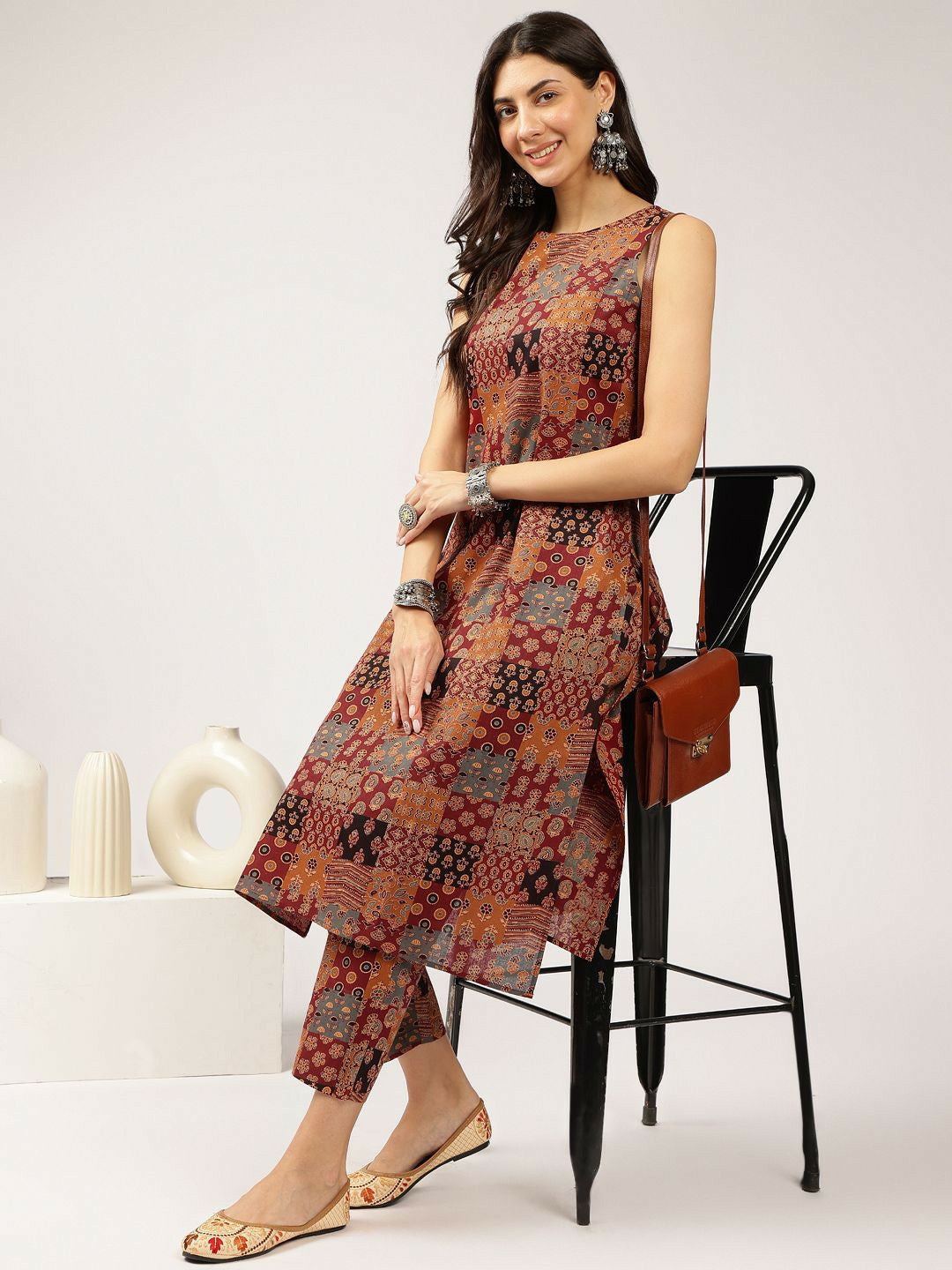 Brown Floral Print Sleeveless Kurta with Trouser Set