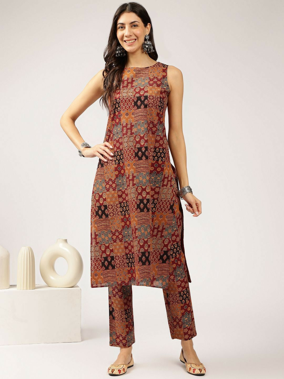 Brown Floral Print Sleeveless Kurta with Trouser Set