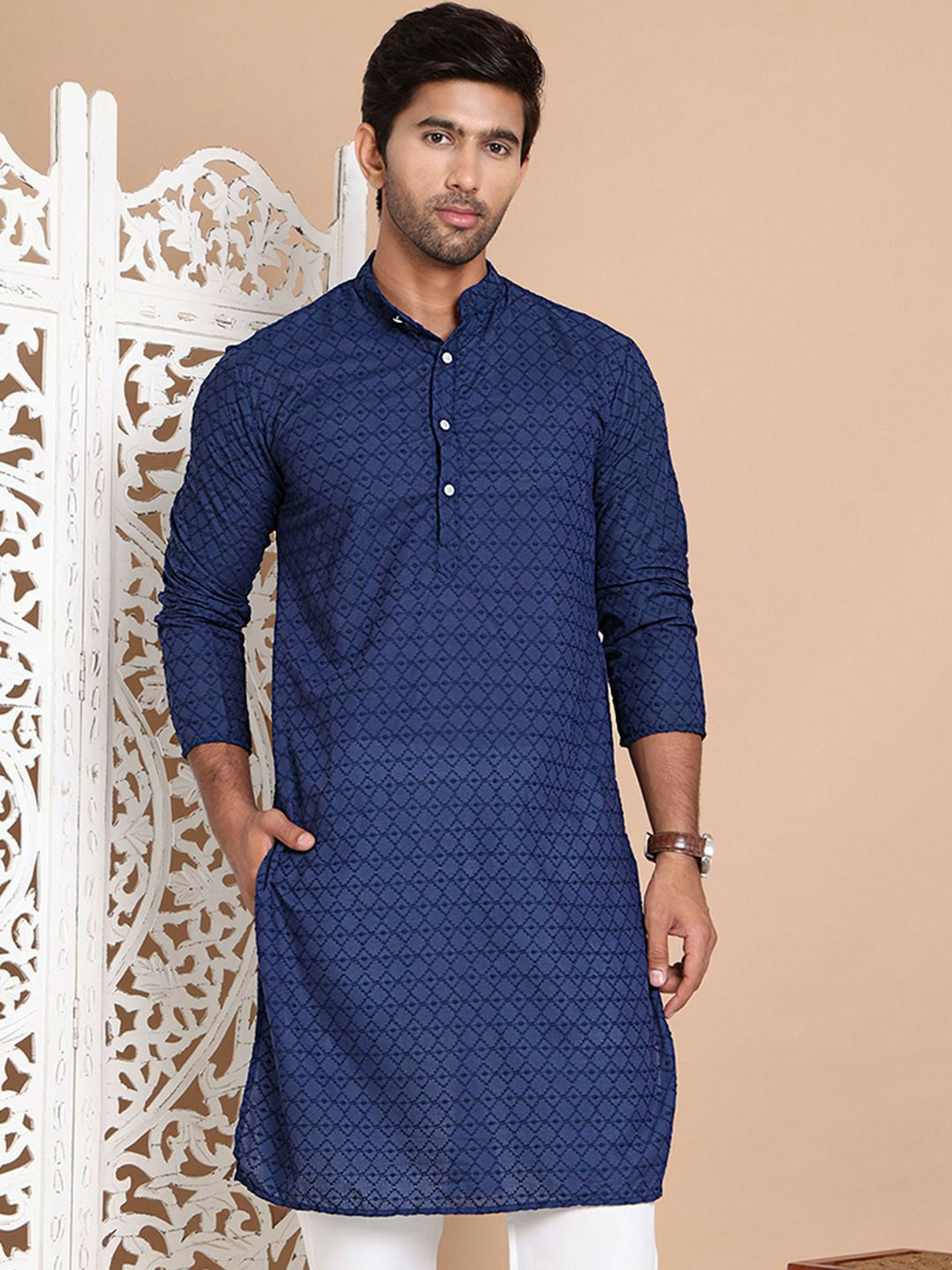 Men’s Navy Blue Chikankari Embroidered Cotton Kurta
