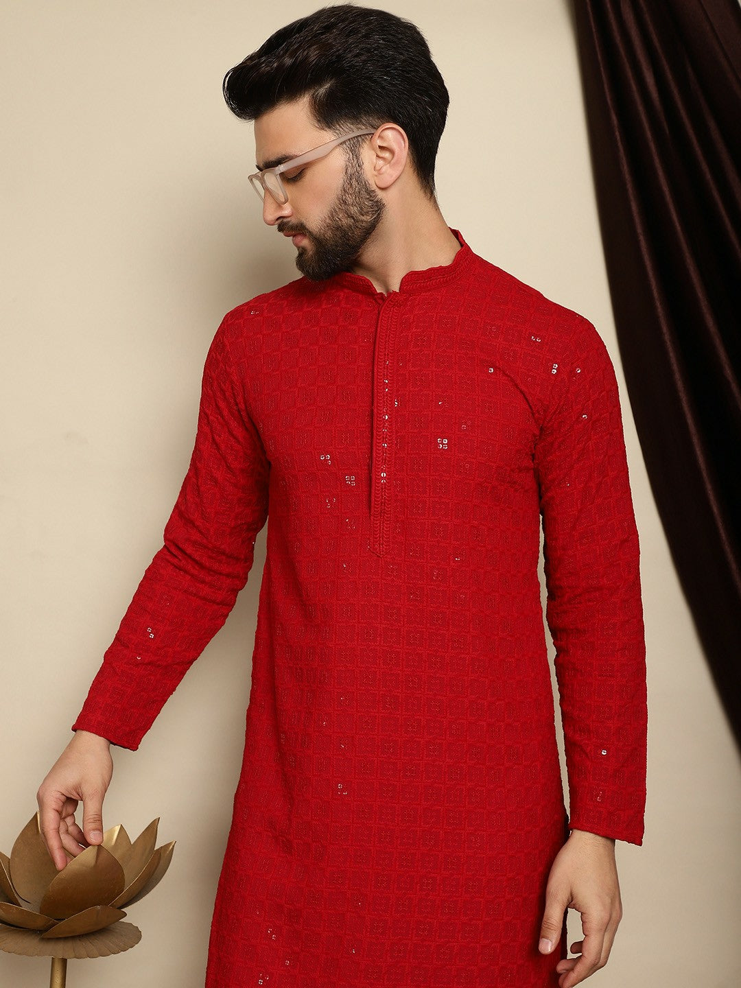 Men’s Maroon Embroidered Pathani Kurta with Thread Work