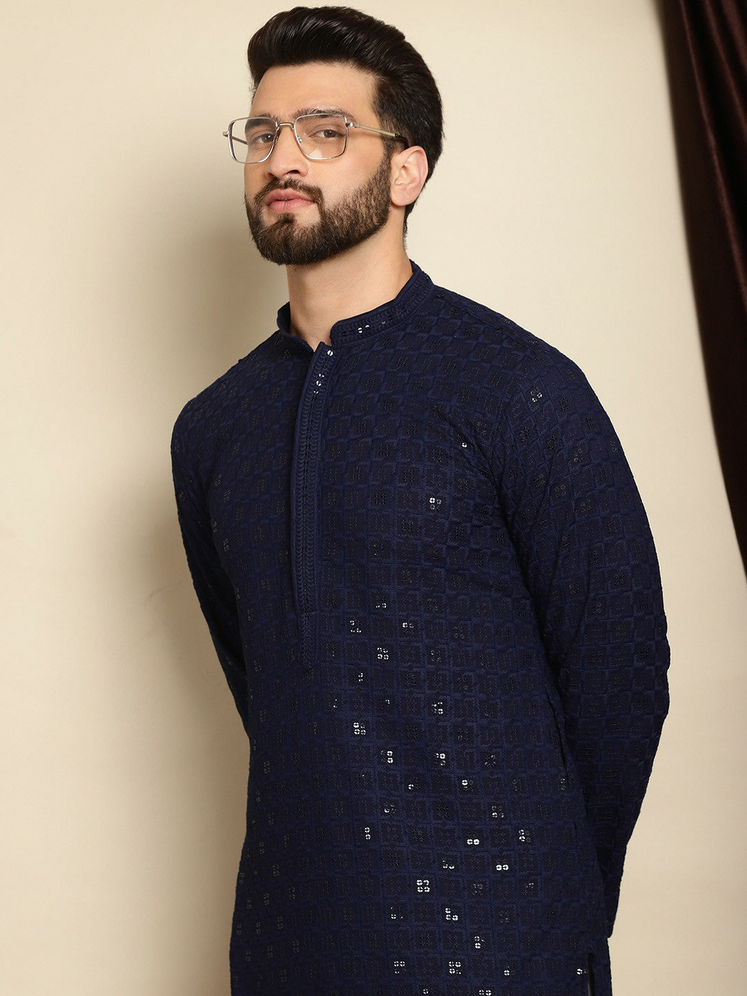 Men’s Navy Blue Embroidered Cotton Kurta with Sequin Detail