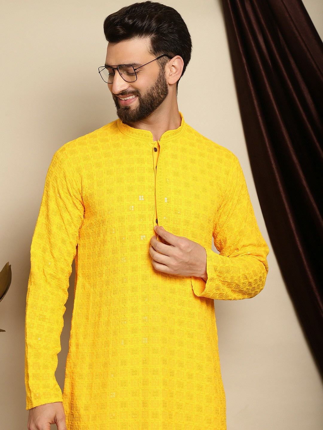 Men’s Yellow Embroidered Cotton Kurta with Sequin Accents