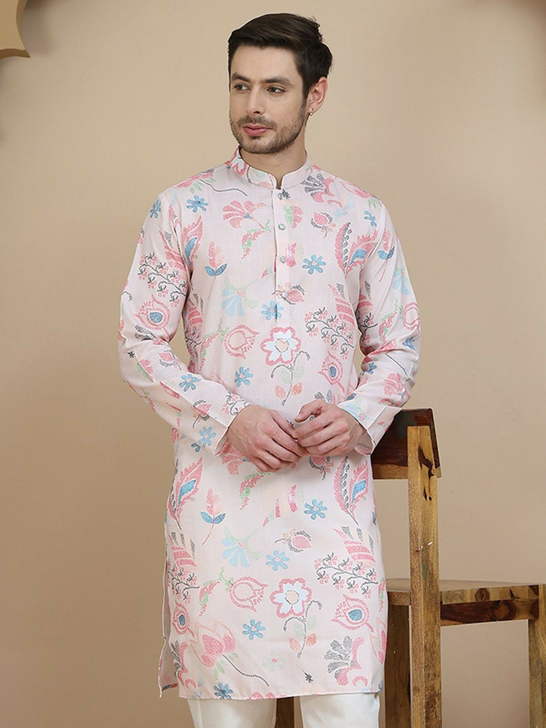 Peach & Blue Floral Printed Kurta with Thread Work