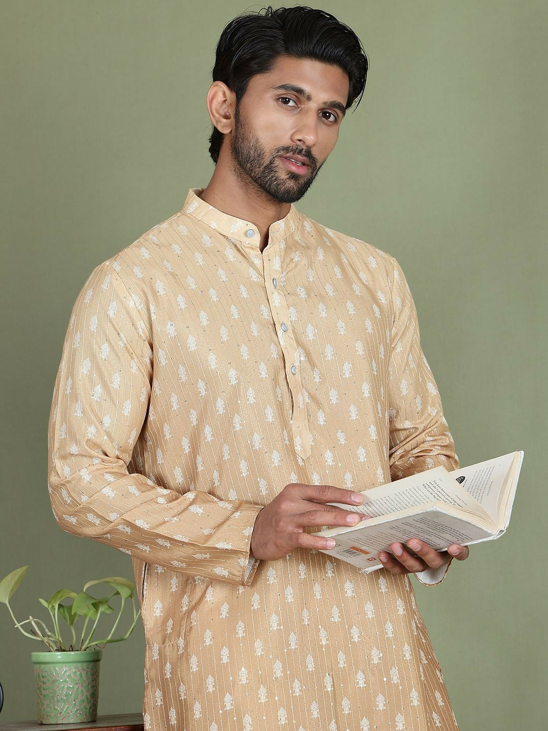 Beige Floral Printed Kurta with Sequin Detailing