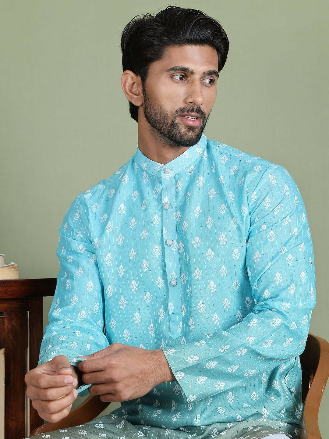 Blue Floral Printed Kurta with Sequin Accents
