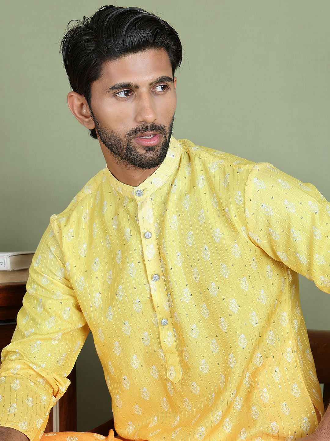Yellow Floral Printed Kurta with Sequin Detailing