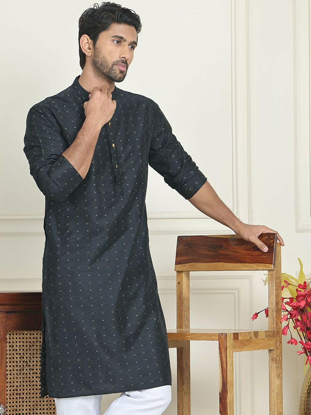 Black Floral Jacquard Silk Kurta with Mandarin Collar