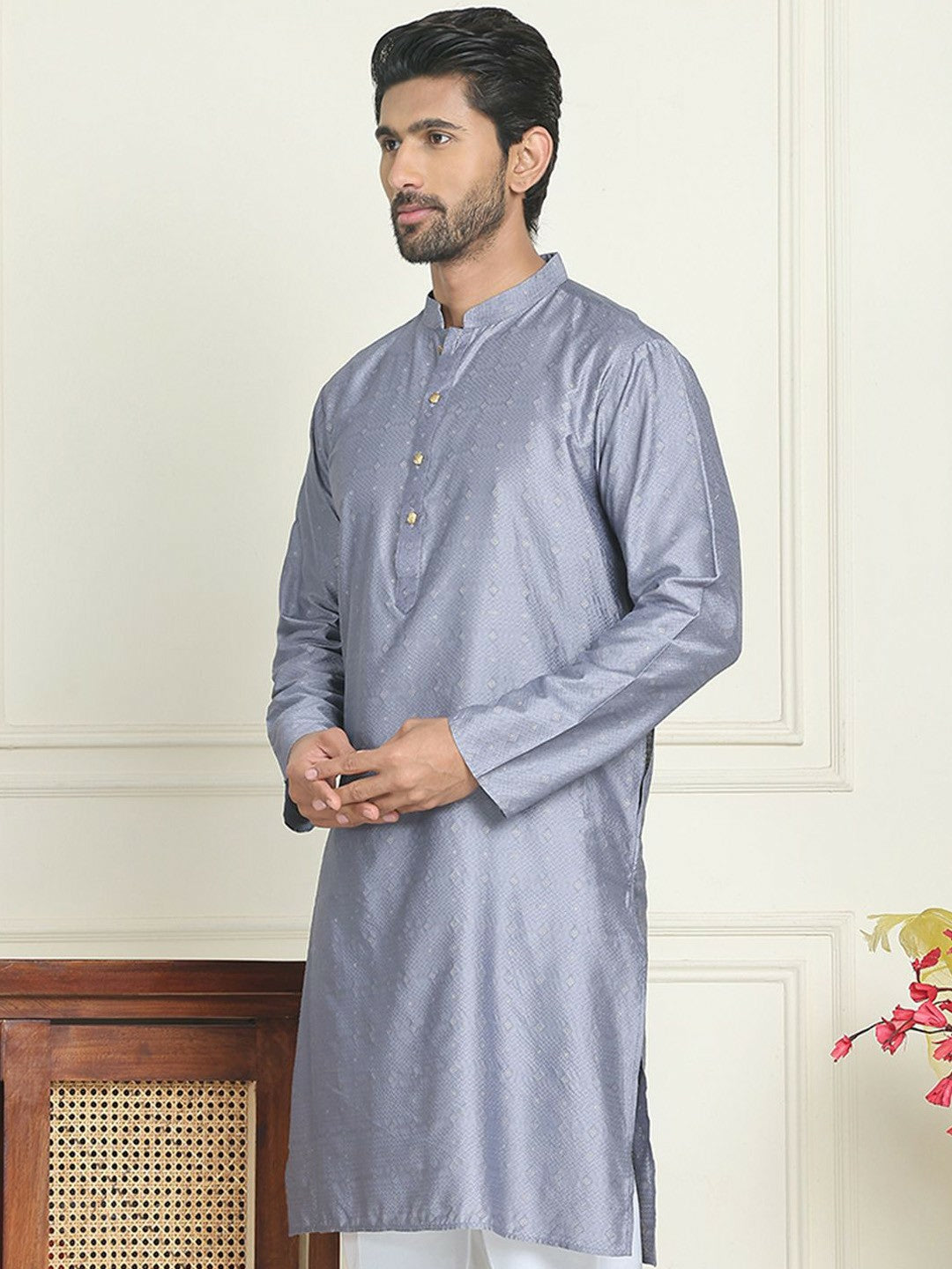 Grey Geometric Jacquard Silk Blend Kurta with Mandarin Collar