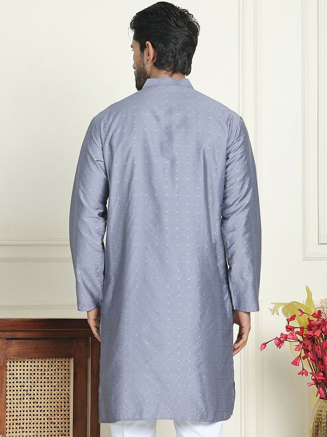 Grey Geometric Jacquard Silk Blend Kurta with Mandarin Collar