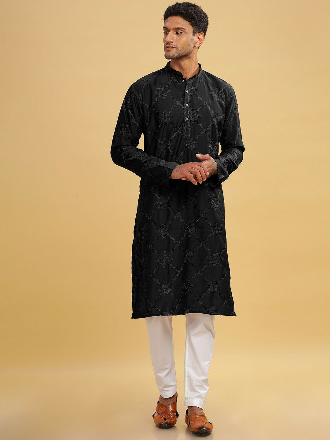 Black Ethnic Motif Embroidered Cotton Kurta with Band Collar