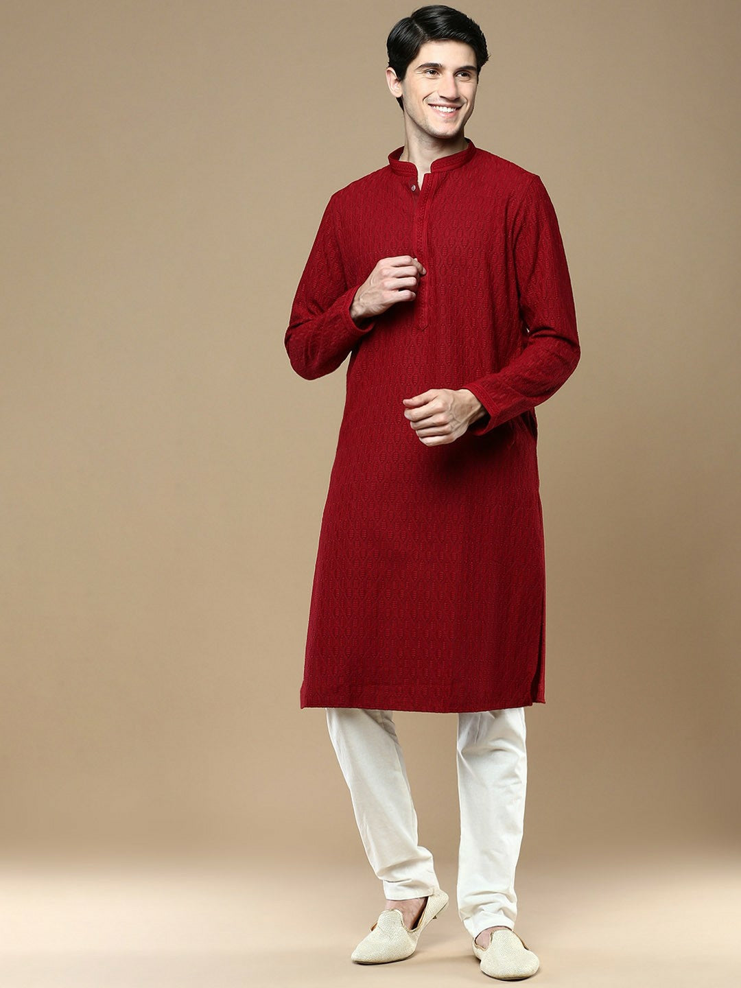 Maroon Striped Woven Kurta with Chikankari Thread Work