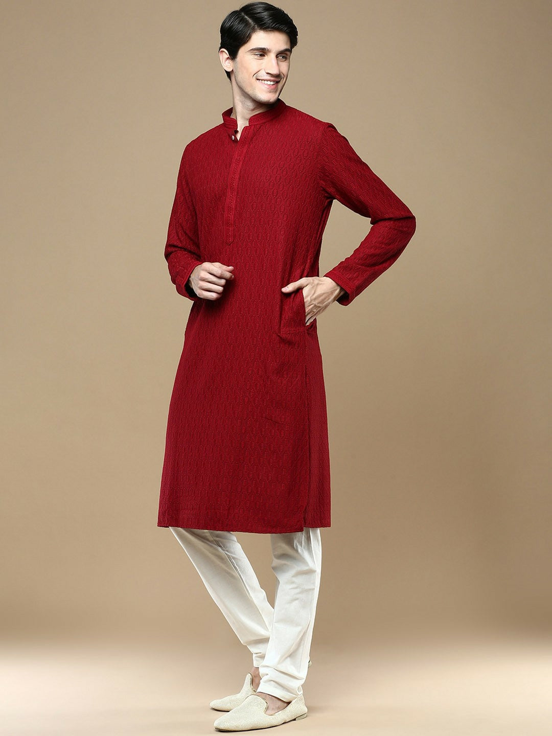 Maroon Striped Woven Kurta with Chikankari Thread Work