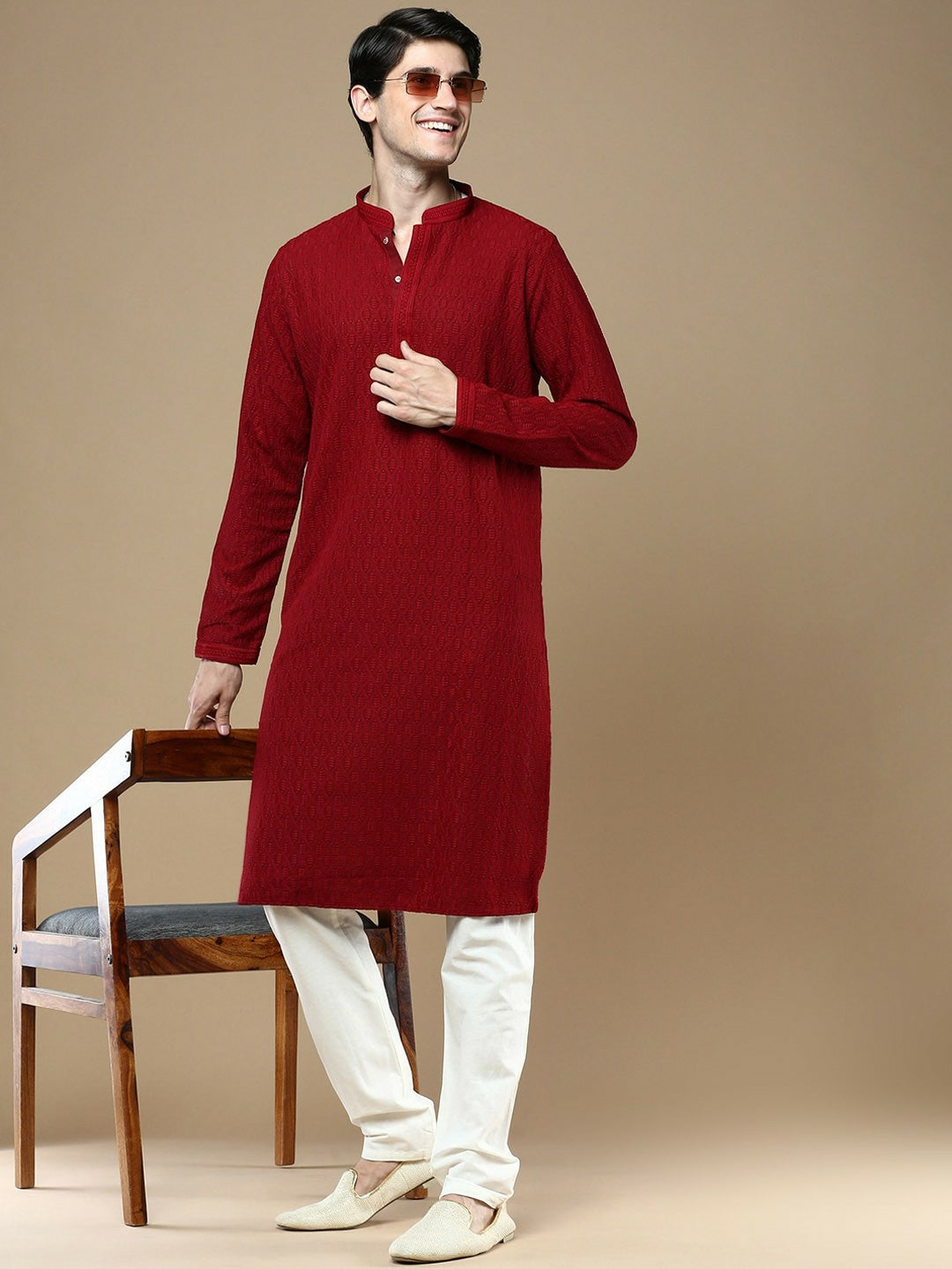 Maroon Striped Woven Kurta with Chikankari Thread Work