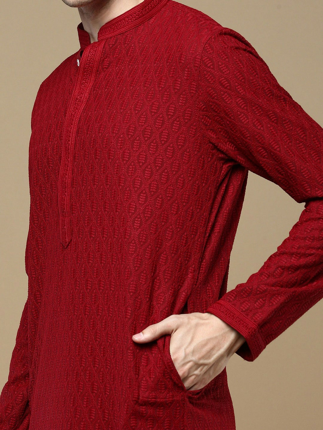Maroon Striped Woven Kurta with Chikankari Thread Work