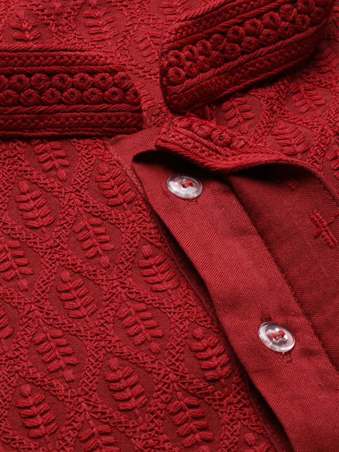 Maroon Striped Woven Kurta with Chikankari Thread Work
