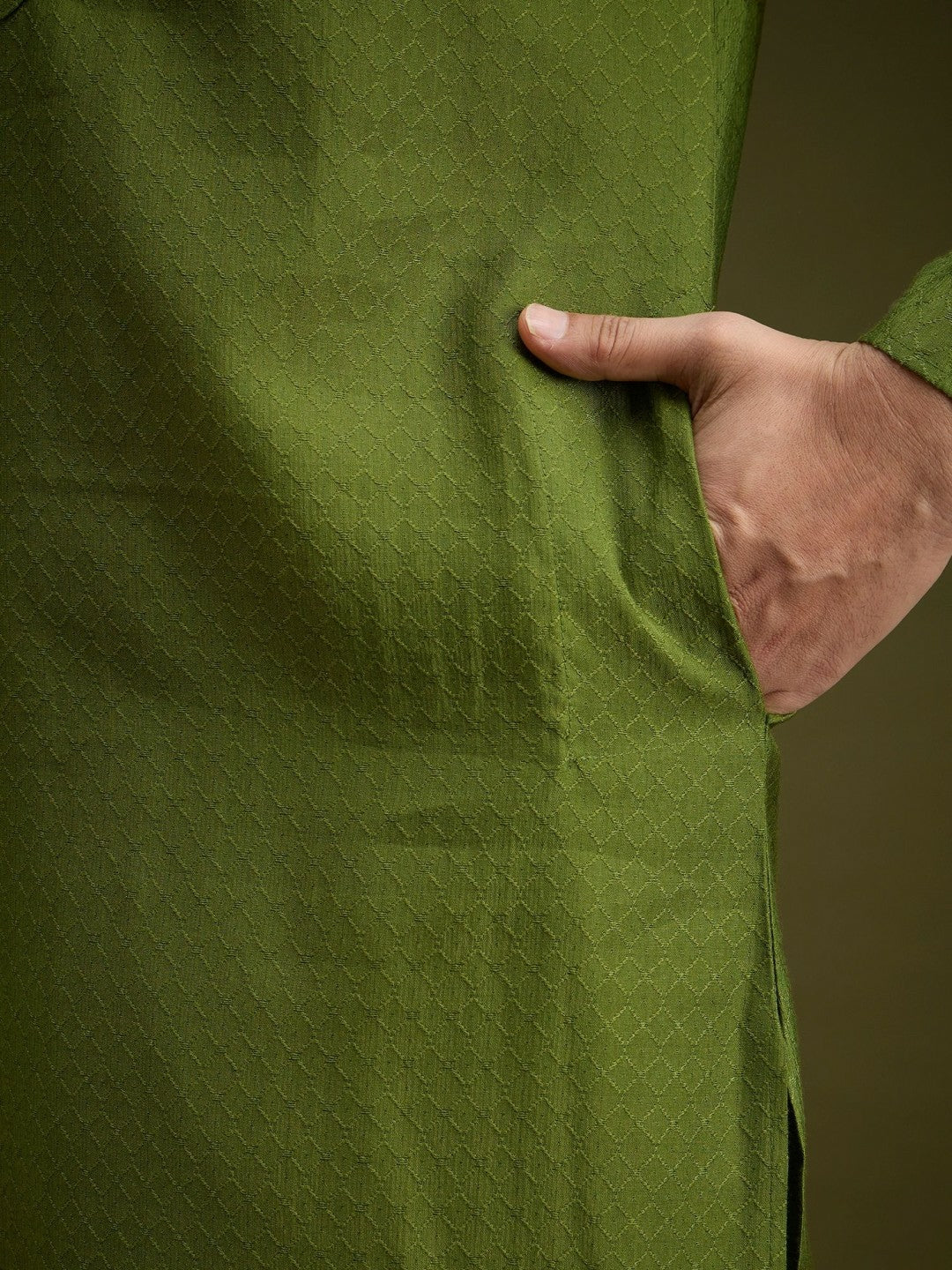 Green Embroidered Cotton Kurta with Pockets & Mandarin Collar