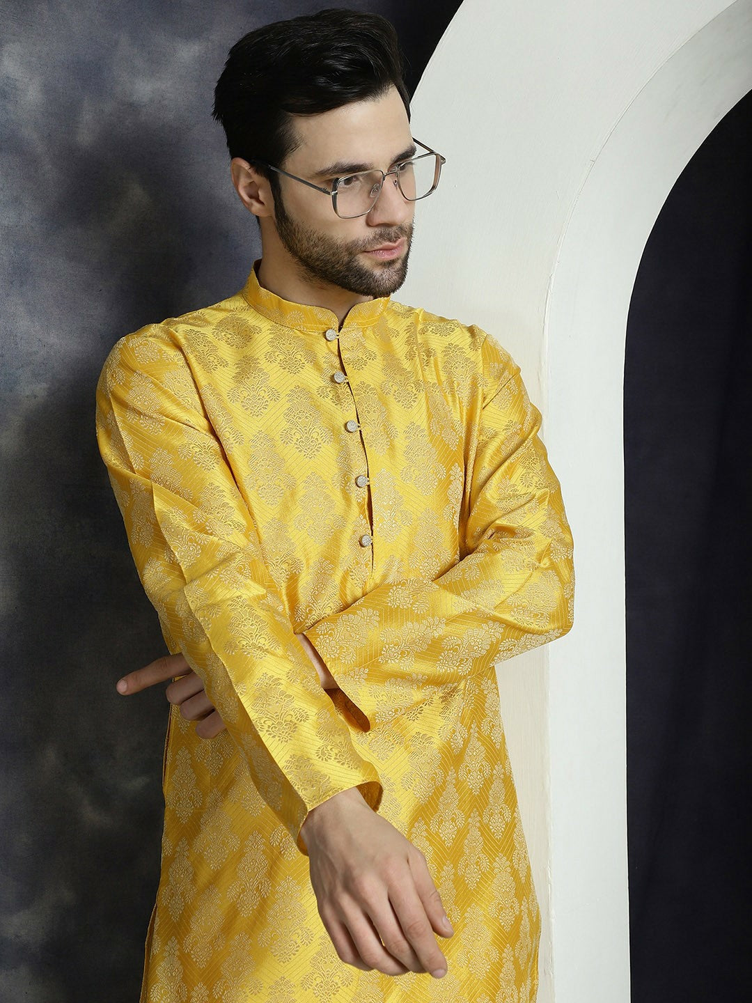 Yellow Jacquard Cotton Silk Kurta with Ethnic Motifs