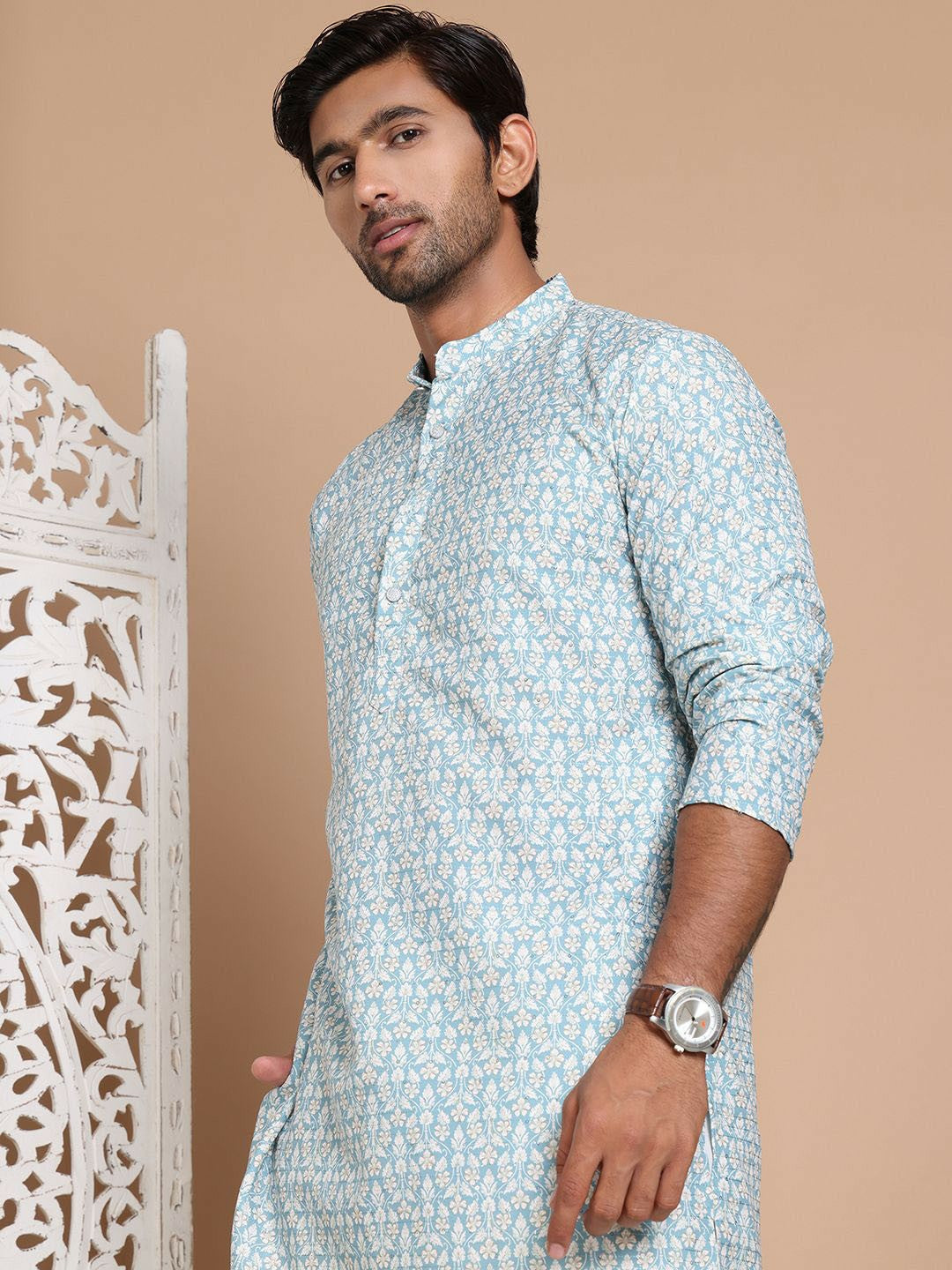 Turquoise Blue Floral Printed Kurta with Sequin Accents