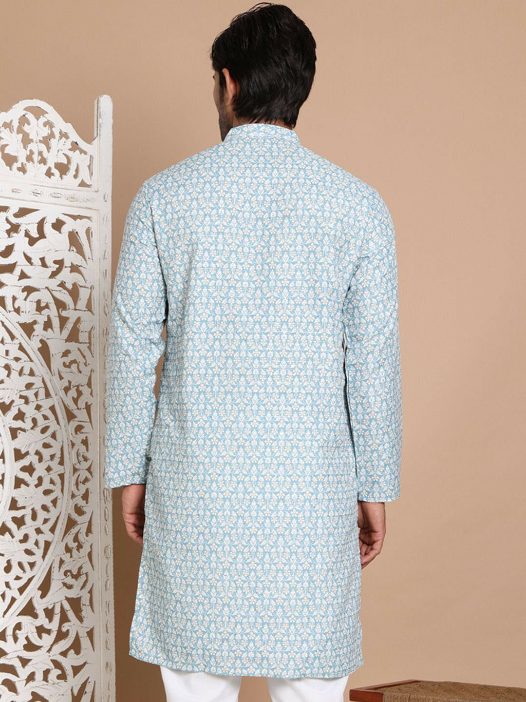 Turquoise Blue Floral Printed Kurta with Sequin Accents