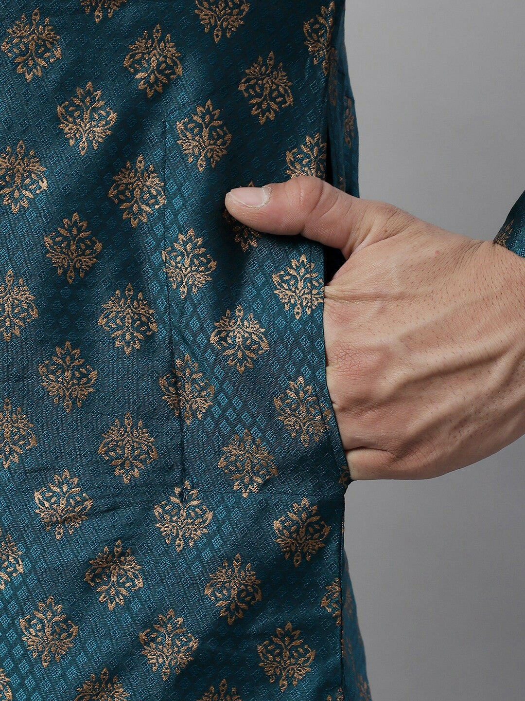 Teal Blue Ethnic Motif Woven Jacquard Kurta with Band Collar