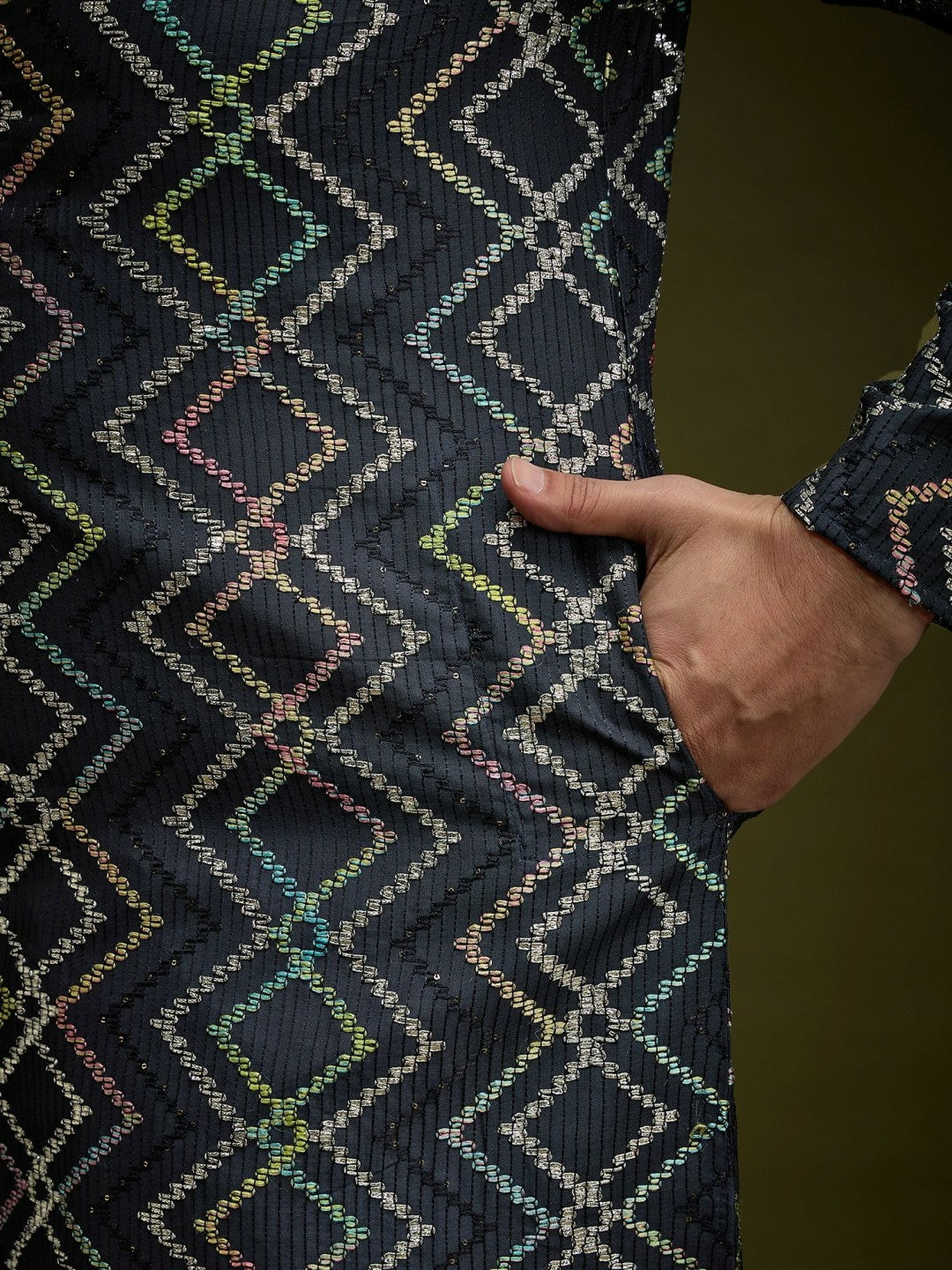 Men’s Navy Blue Chevron Embroidered Cotton Kurta with Gotta Patti