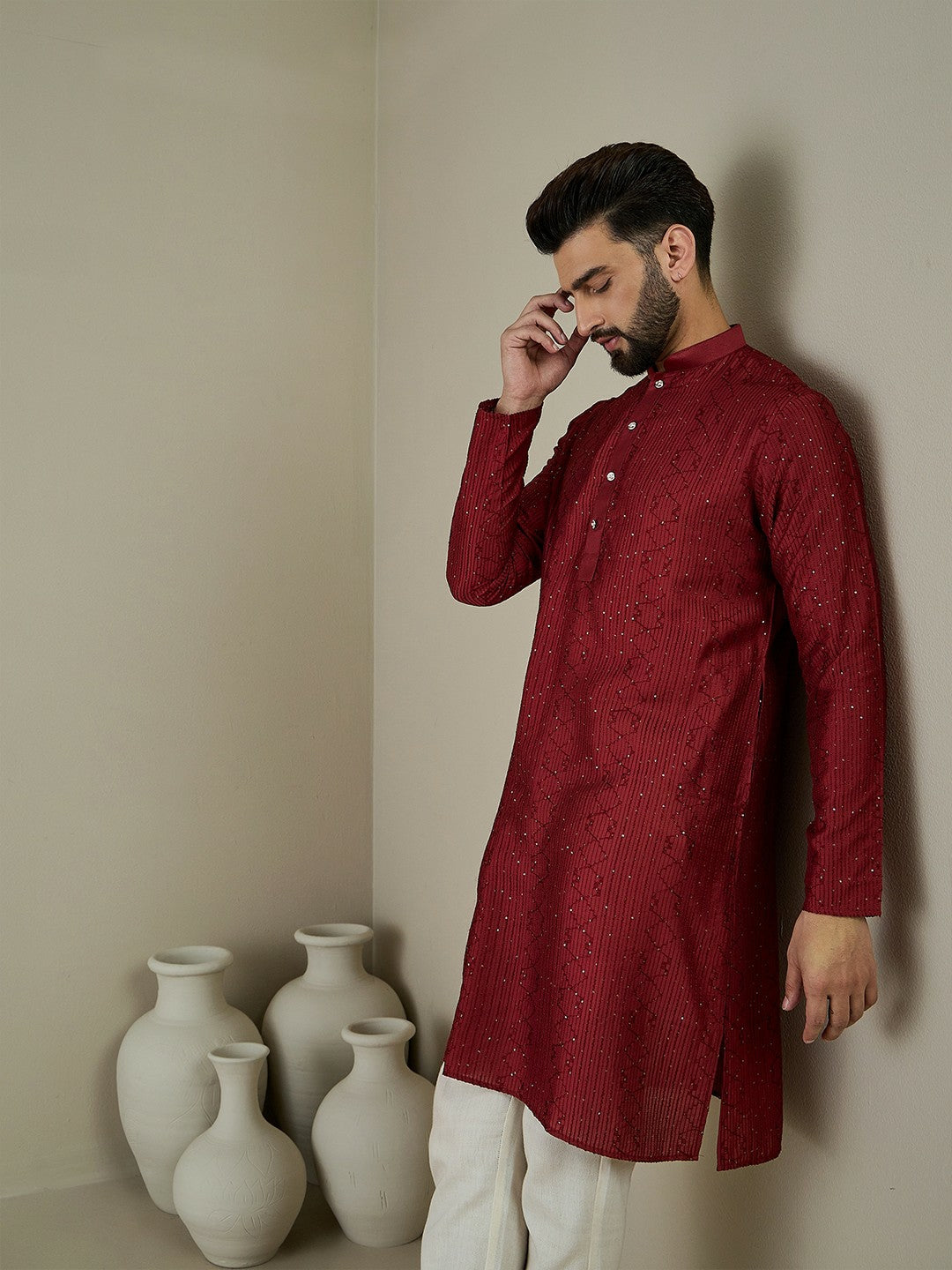 Maroon Ethnic Embroidered Kurta with Mandarin Collar & Thread Work