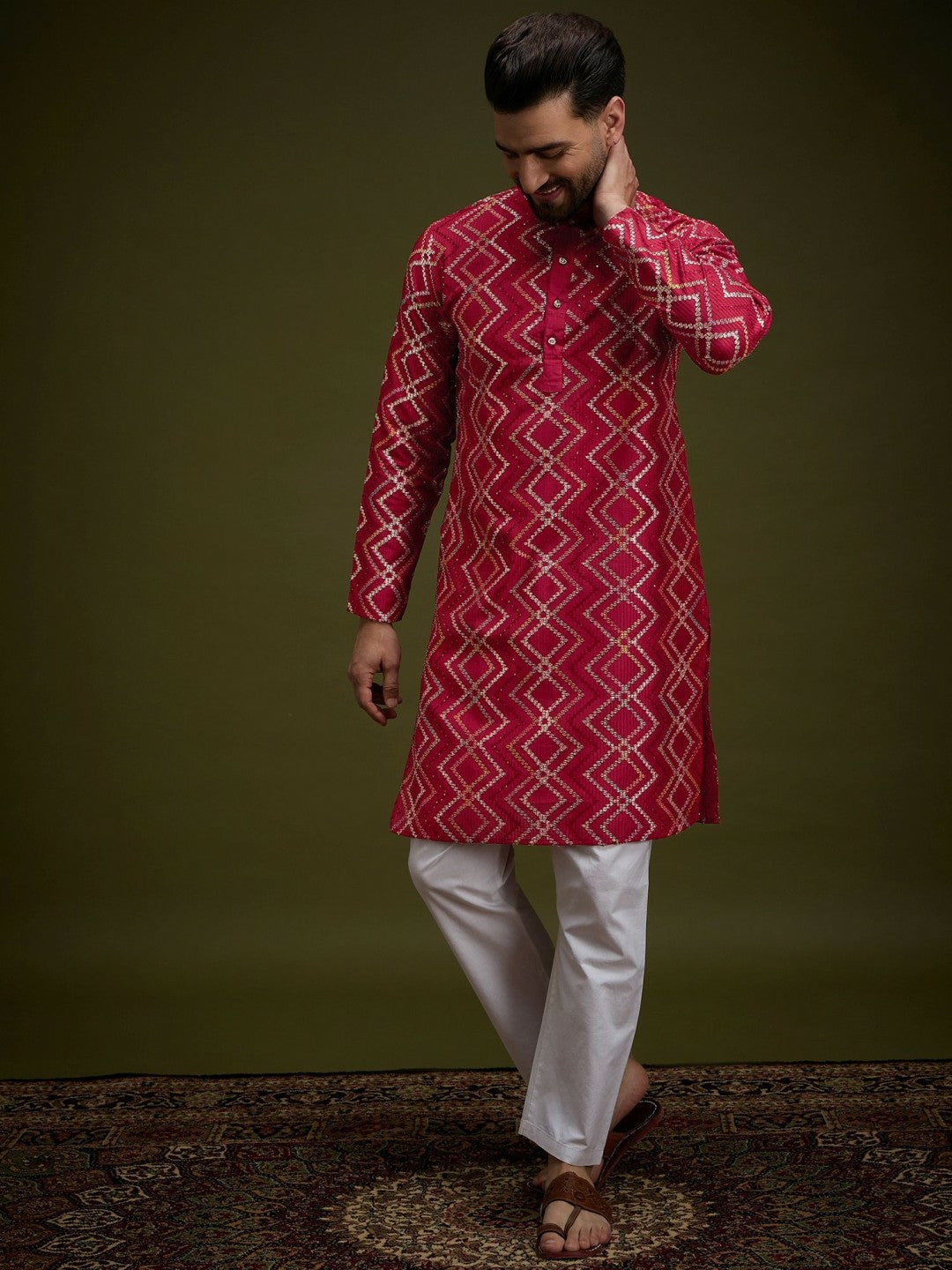 Men’s Red Chevron Embroidered Cotton Kurta with Gotta Patti