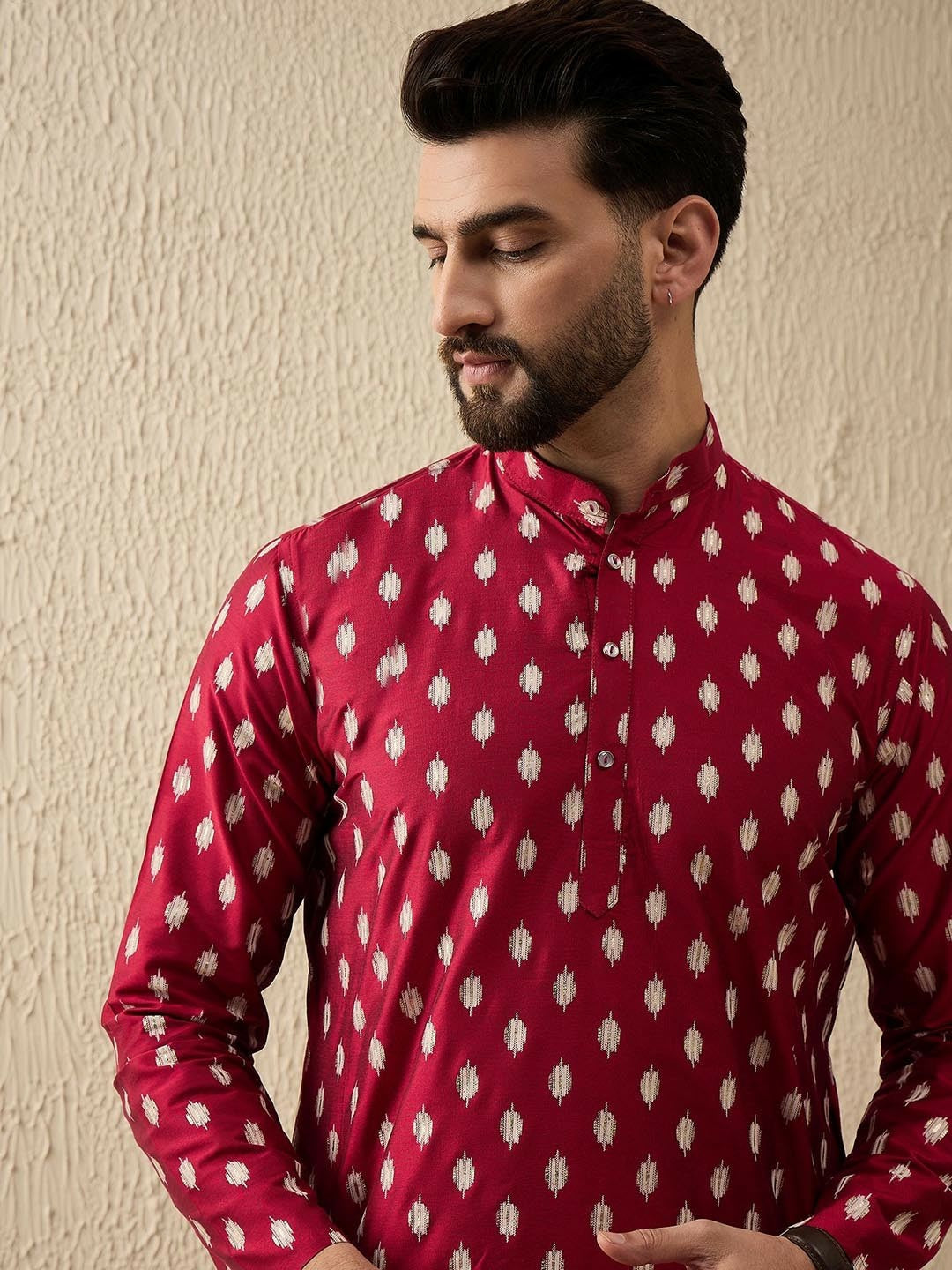 Red & White Abstract Woven Polyester Kurta for Men