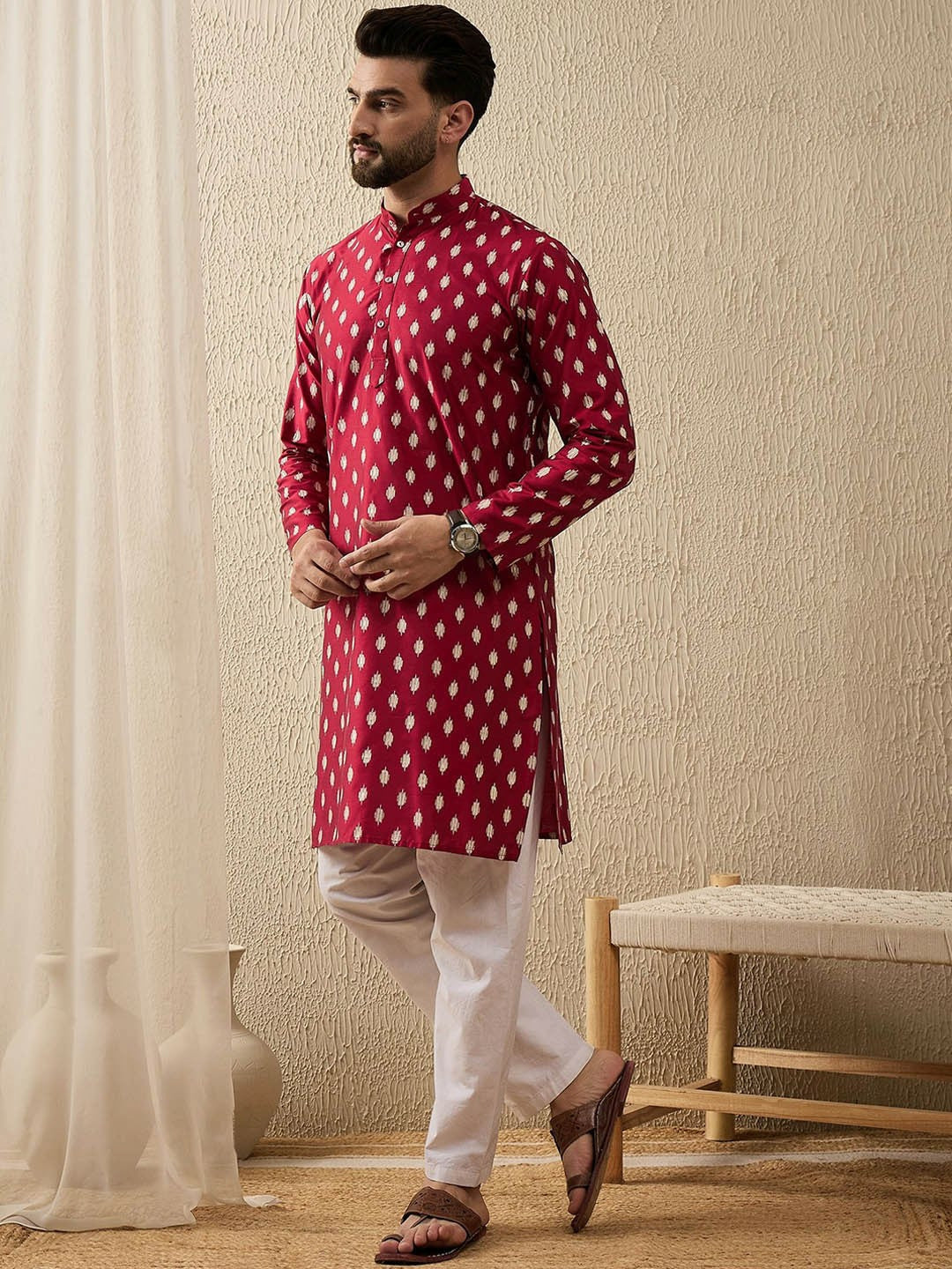 Red & White Abstract Woven Polyester Kurta for Men